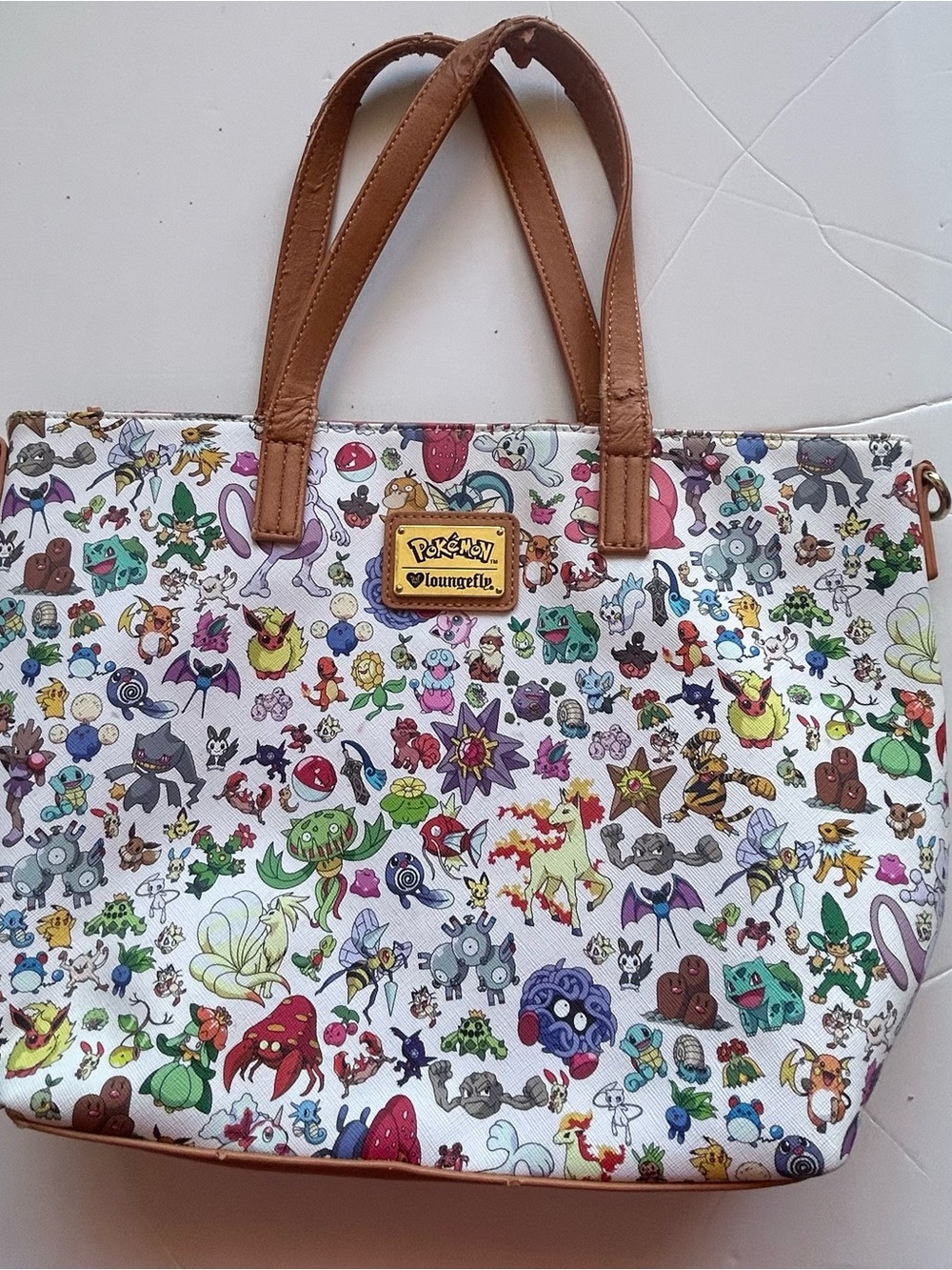 Loungefly White Multicolor Pokémon Character Tote with Brown Handles